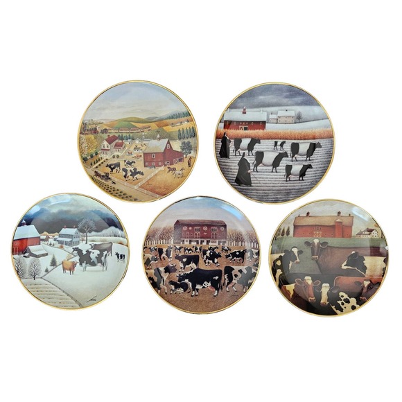 FRANKLIN MINT Cow 5 PLATES American Folk Art Collection Cottagecore VINT… - Picture 1 of 13